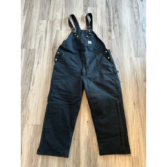 VTG CARHARTT R03 BLK Men’s 48 x 30 Quilted Lined Double Knee Front Bib Overalls - Picture 1 of 9